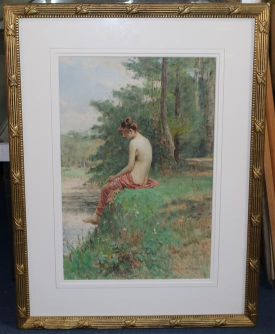 Adrien Moreau (1843-1906) Female bather on a river bank 19.5 x 13in.